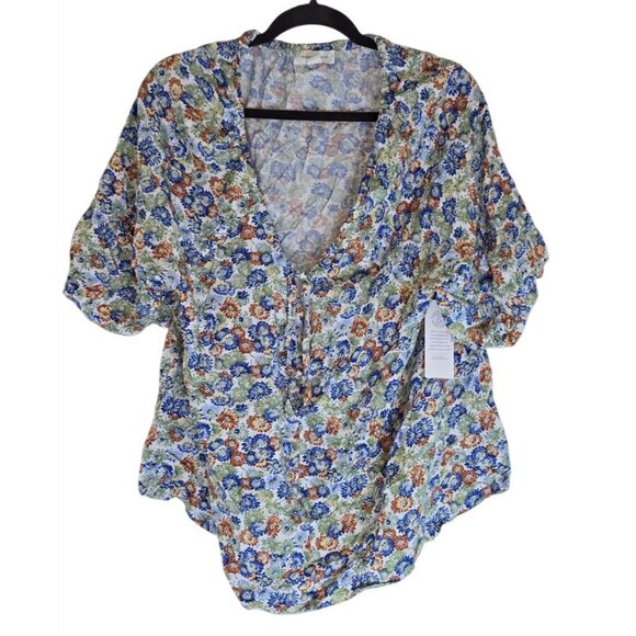 Treasure & Bond Womens Floral V-Neck Blouse L Ivory Multi Daisy Chain - Picture 1 of 6